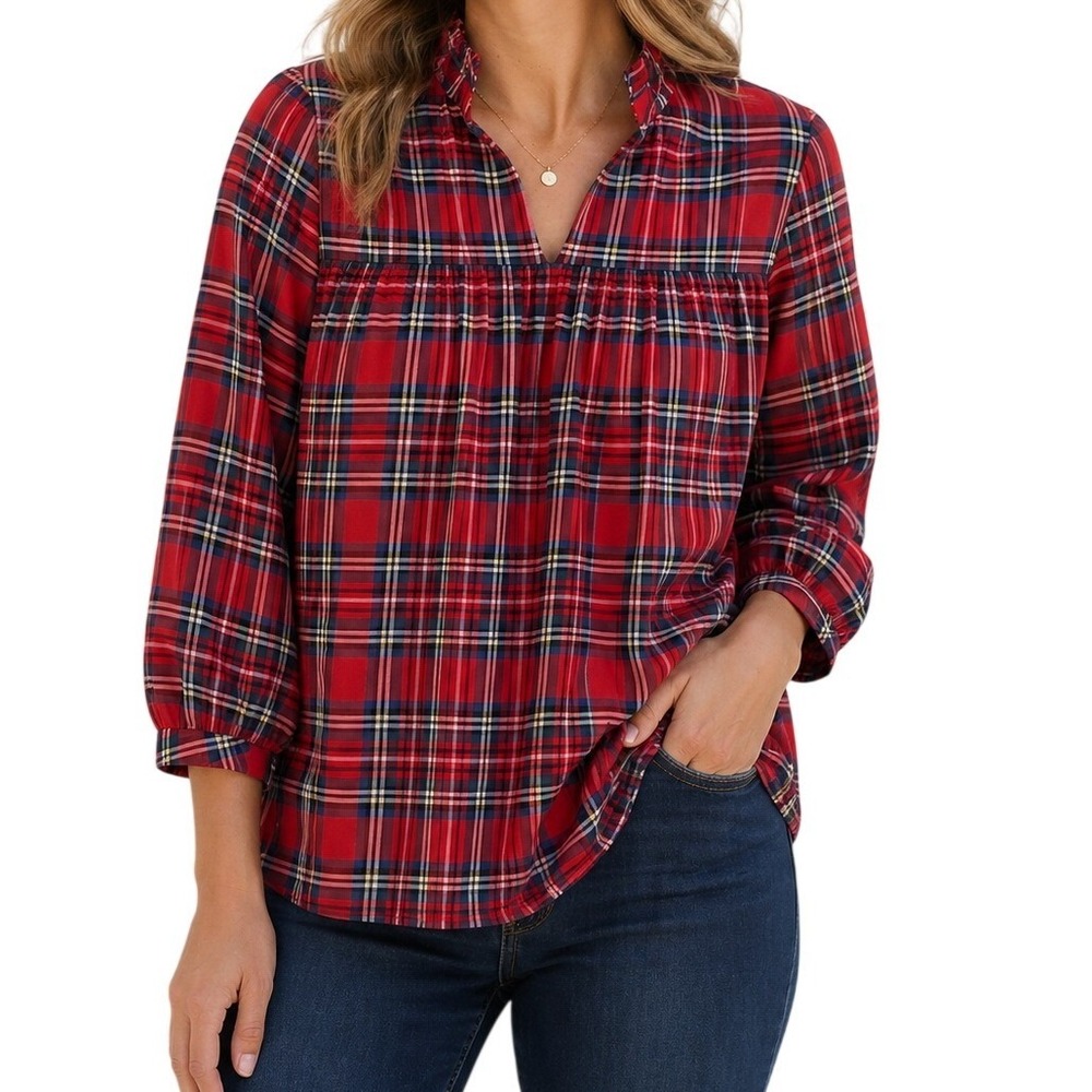 *NWT* CHERYBETTY Plaid Blouse Women M Red Tartan Ruffle Neck 3/4 Sleeve‎ Top